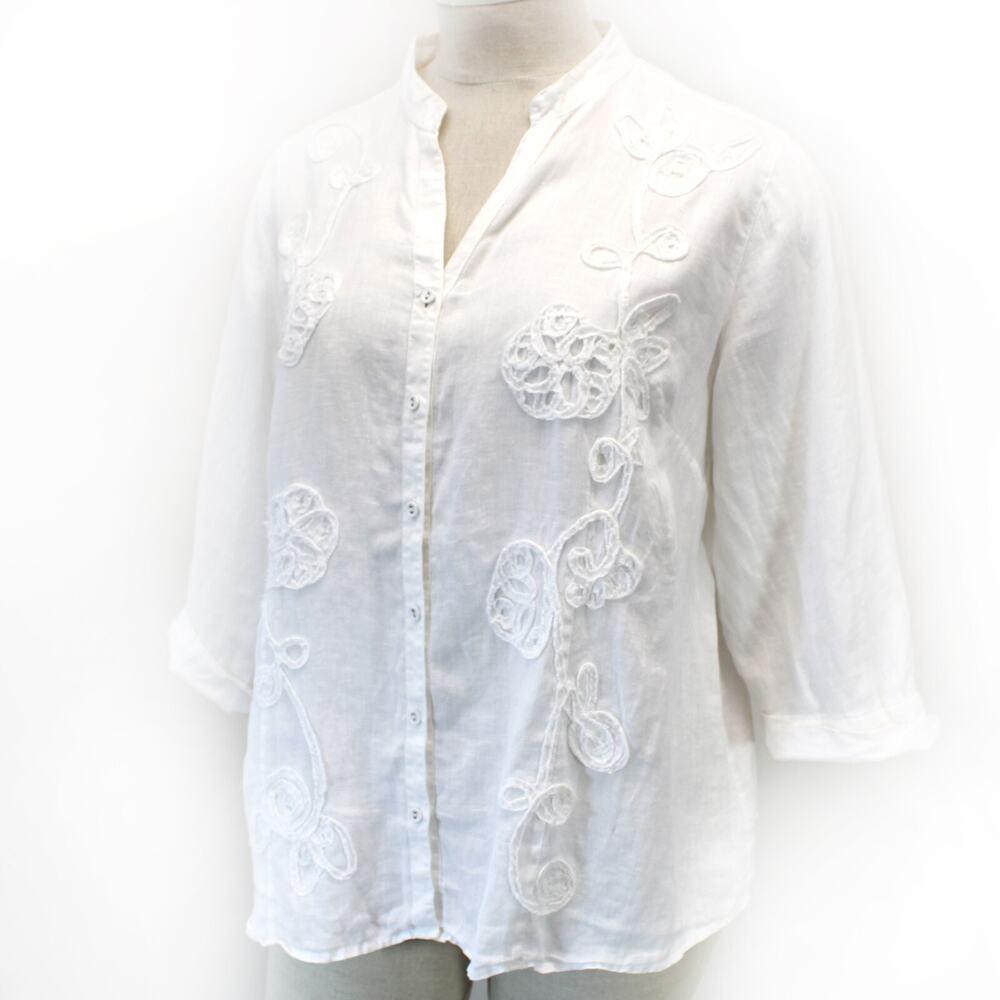 Charter Club Woman Plus White 100% Linen Peasant Embroidered Top Blouse Shirt 24